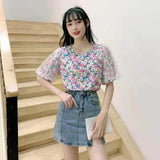 Beaded Mesh Loose Puff Sleeve Chiffon Top - WOMONA.COM