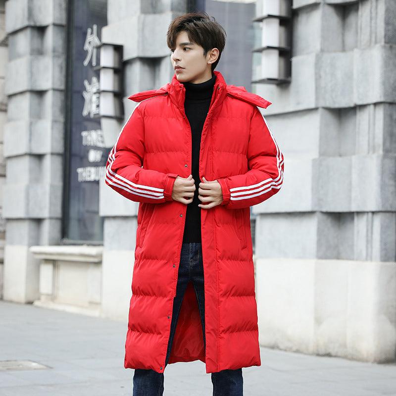 Red knee-length padded puffer coat with striped sleeve cuffs, front button closure.