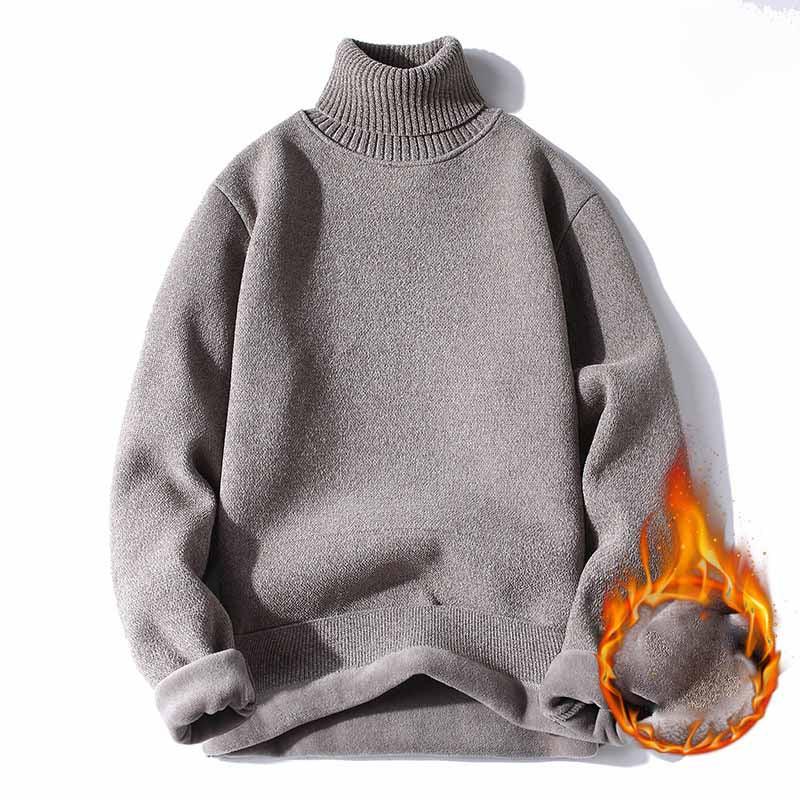 Grey high-neck knit sweater with ribbed collar and cuffs