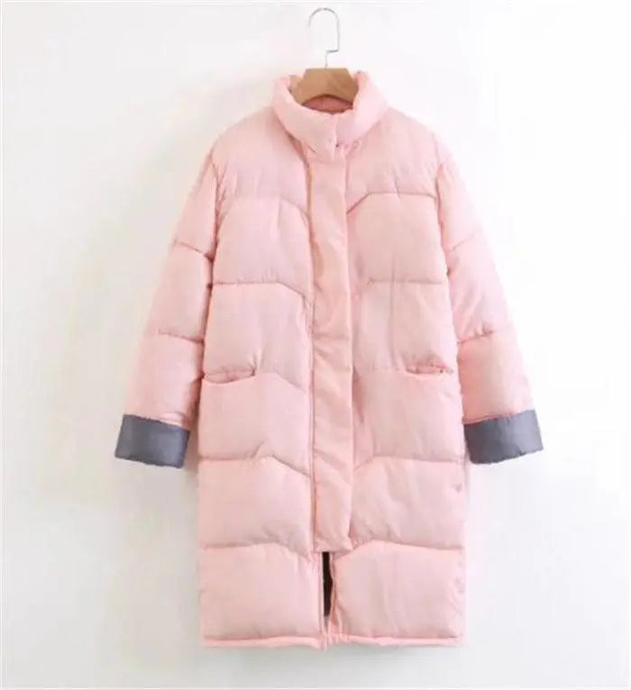 Ladies cotton winter jacket, light pink long puffer with hood, zip front, pocket panels.