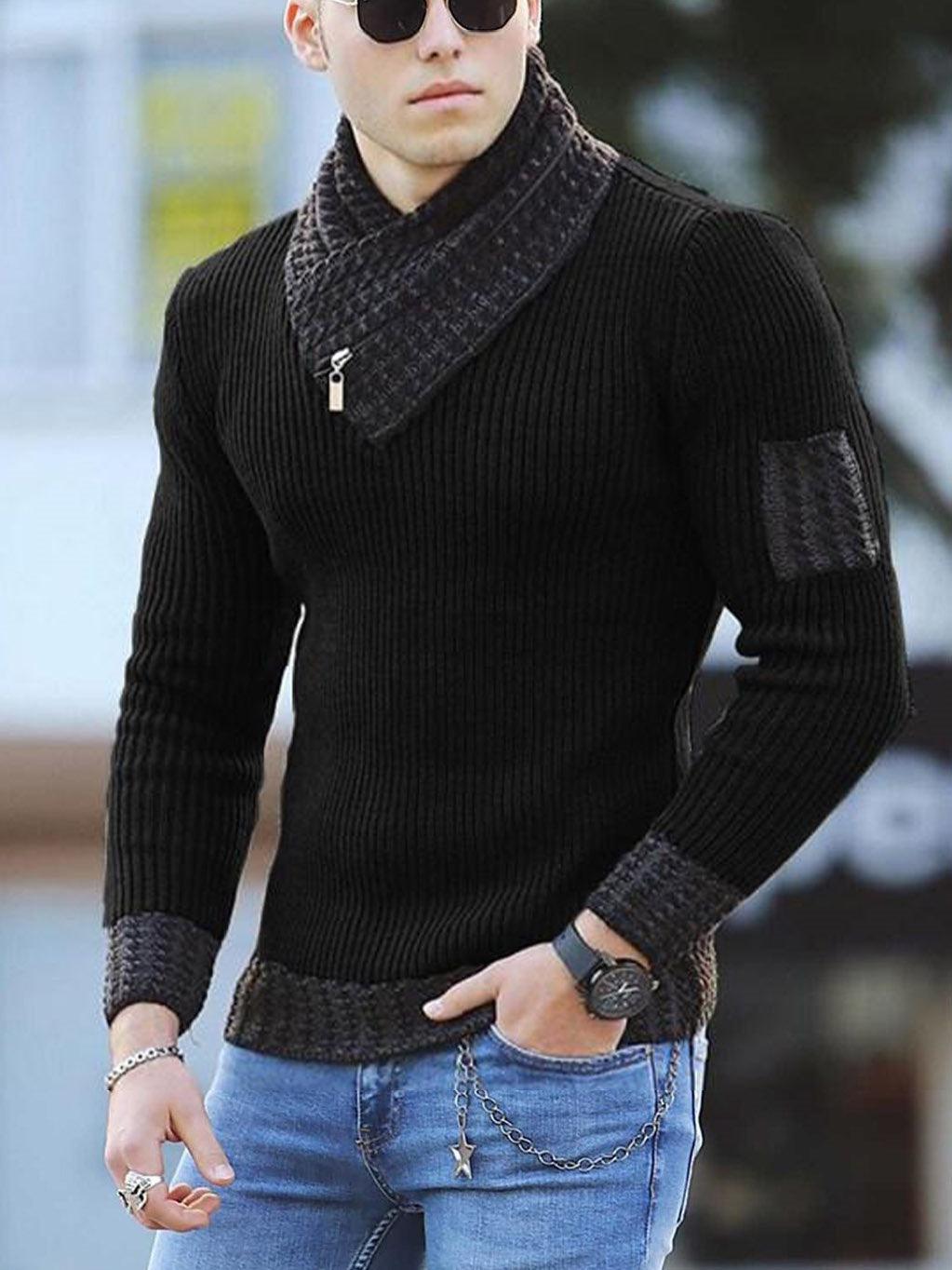 Men's scarf-collar sweater in dark black knit, ribbed cuffs and hem, chest pocket detail