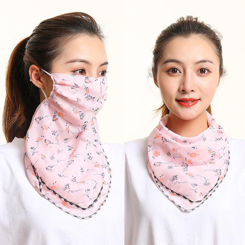 Floral silk neck scarf with face covering, light pink print and dark stitched border edge