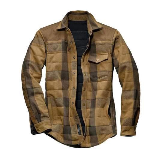 Brown plaid thermal shirt jacket with button front, chest pockets, long sleeves