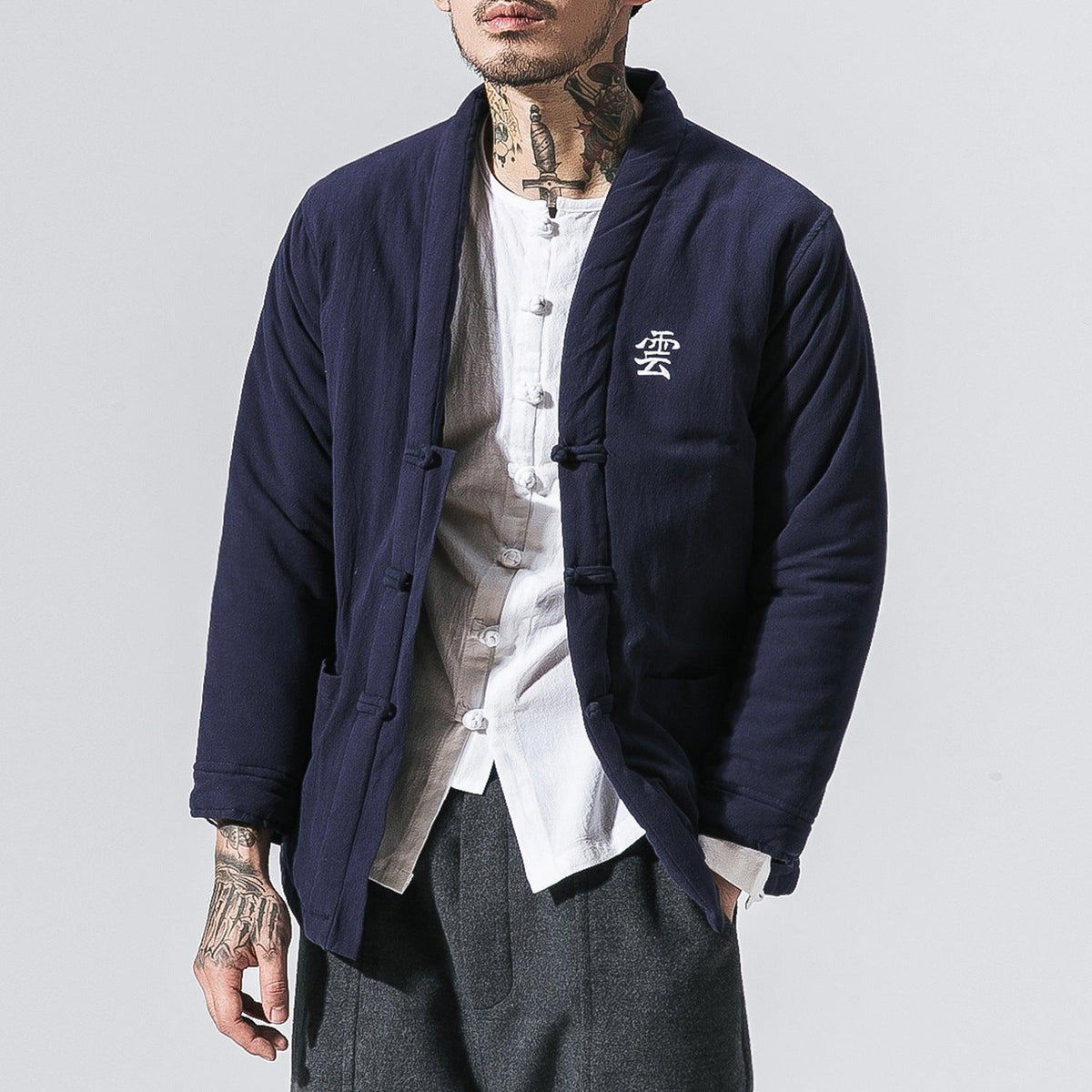 Men's navy cotton jacket with stand collar and frog-button closure