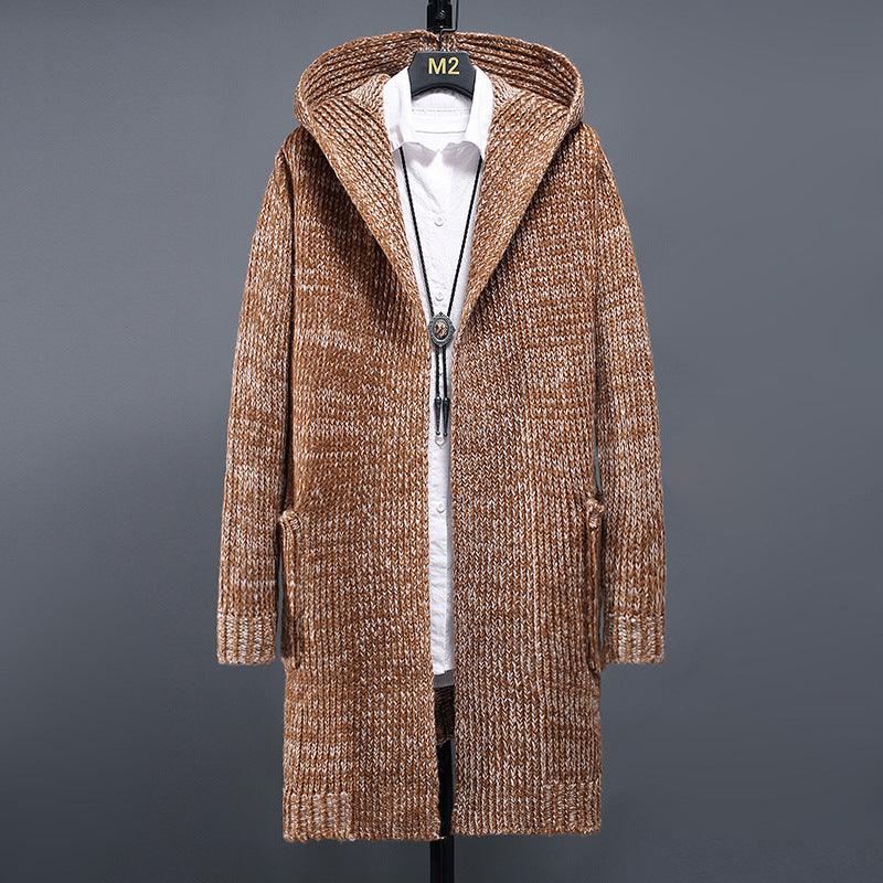 Khaki hooded cardigan sweater jacket with full-length zipper and side pockets