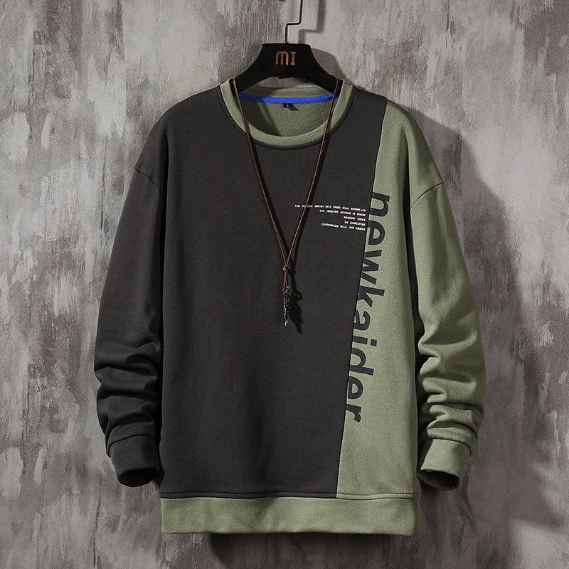 Color-block pullover sweatshirt with crew neck and long sleeves, dark gray and sage green
