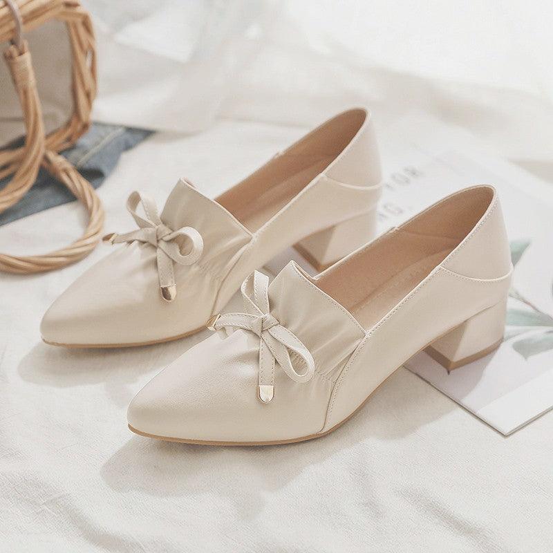 Thick-heeled Small Leather Shoes - WOMONA.COM