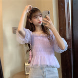 Chiffon Shirt Puff Sleeve Short Top Women - WOMONA.COM