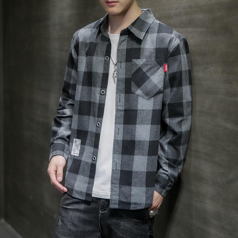 Men's long-sleeve black-and-grey plaid button-up shirt with chest pocket