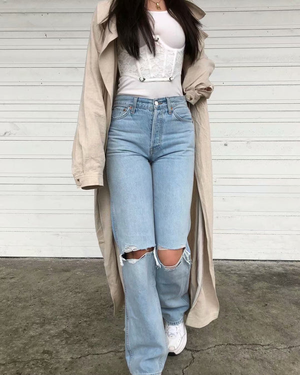 Rolled Edge Mopping Jeans - WOMONA.COM