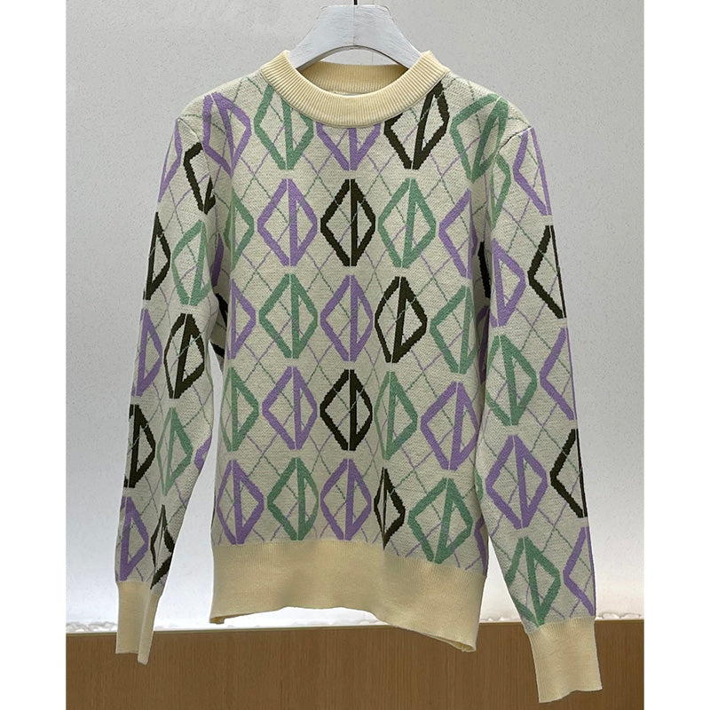 Color Diamond Check Sweater - WOMONA.COM