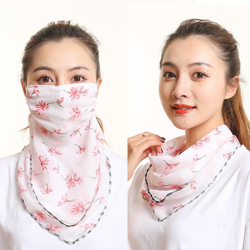 Floral silk neck scarf with face covering, white base with red blossoms and dark border trim
