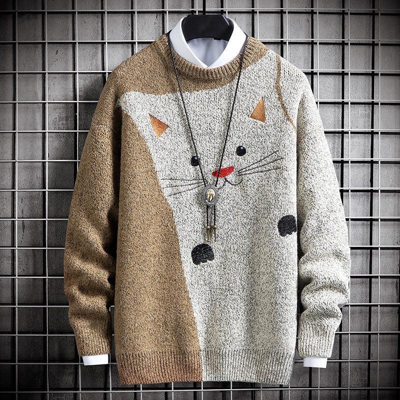 Loose sweater with cat intarsia, khaki and light gray color-block design