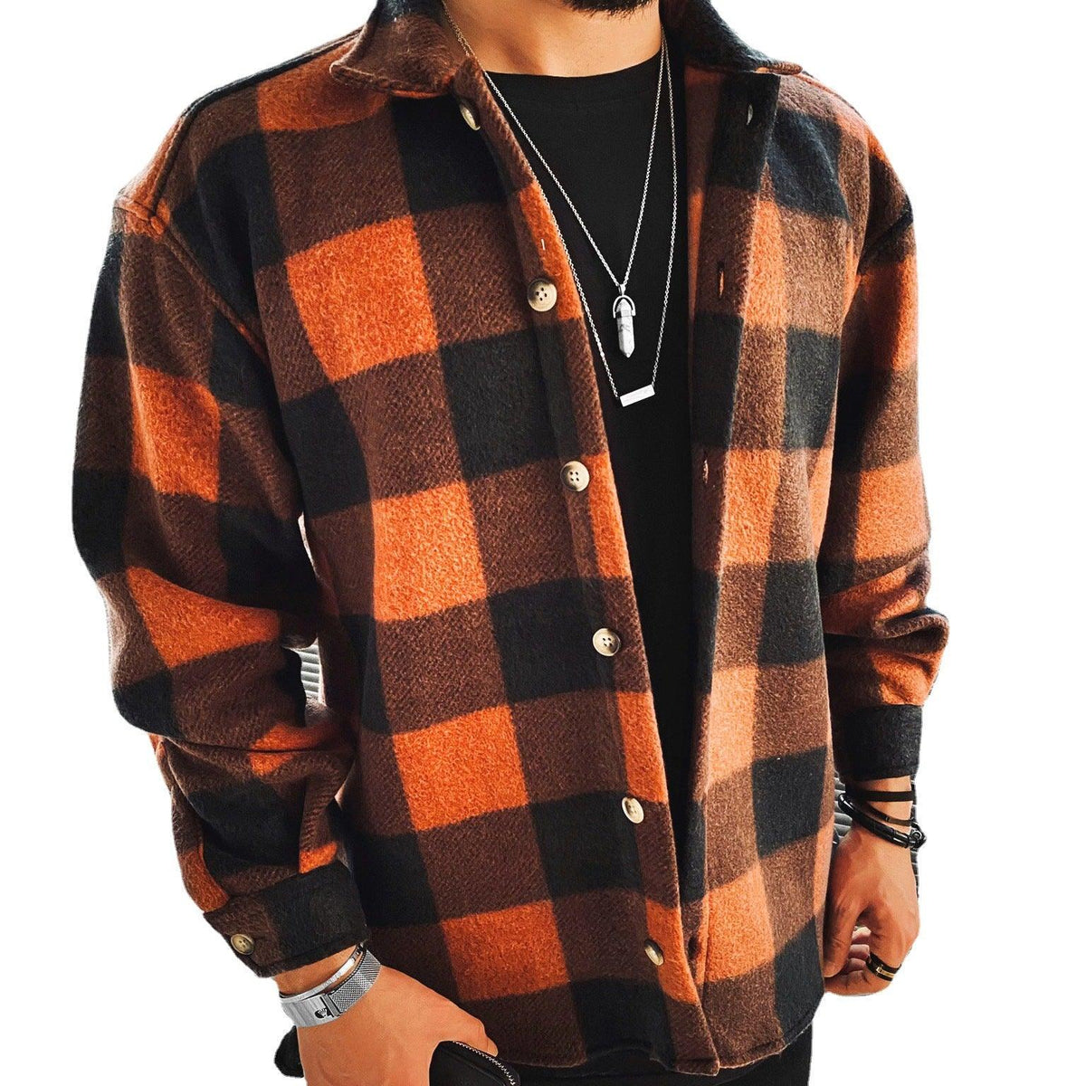 Men's plaid long-sleeve shirt, rust and black button-front, stand collar
