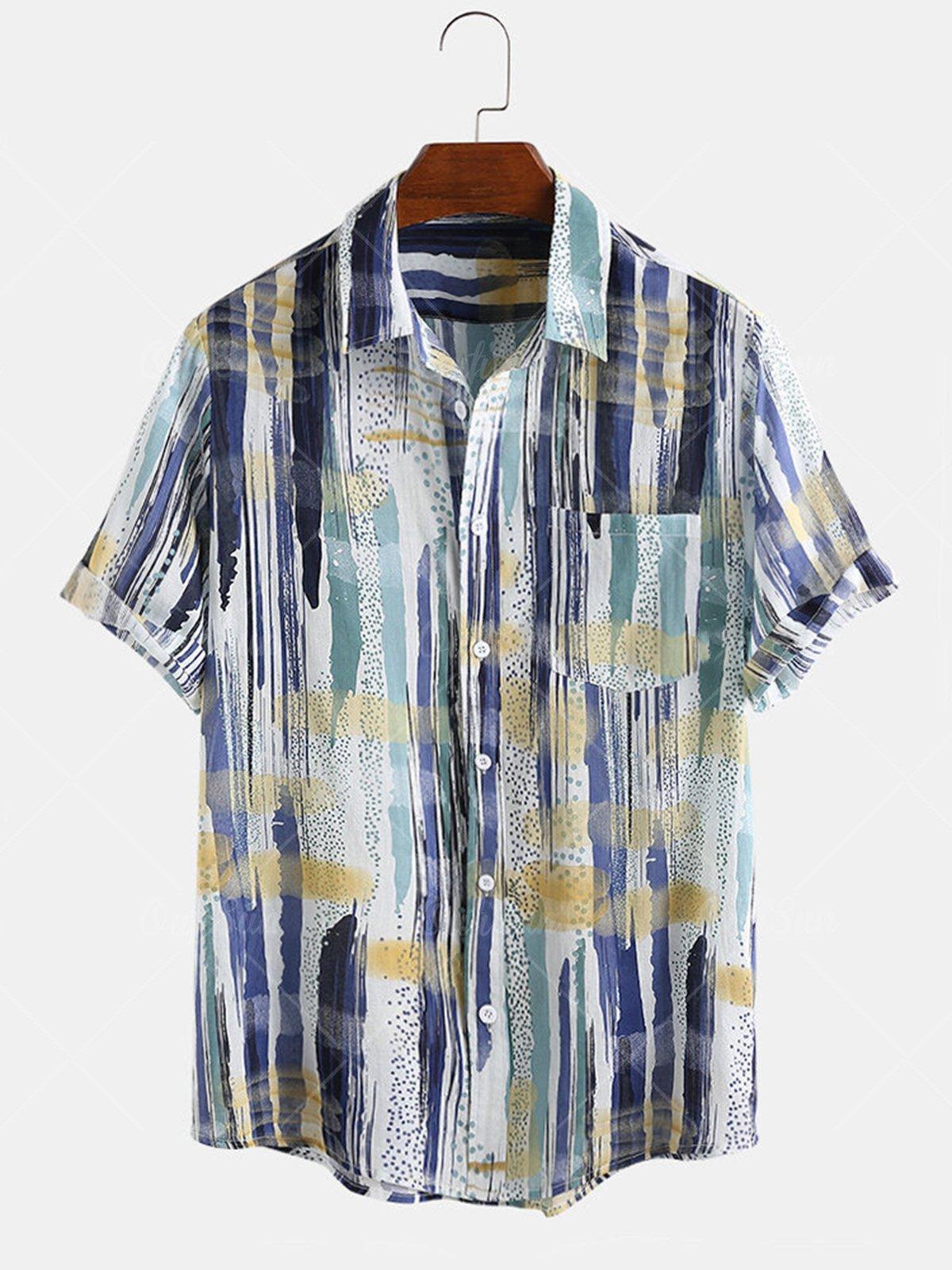 Men's Hawaiian shirt with blue/white/yellow abstract vertical print, pointed collar, button front