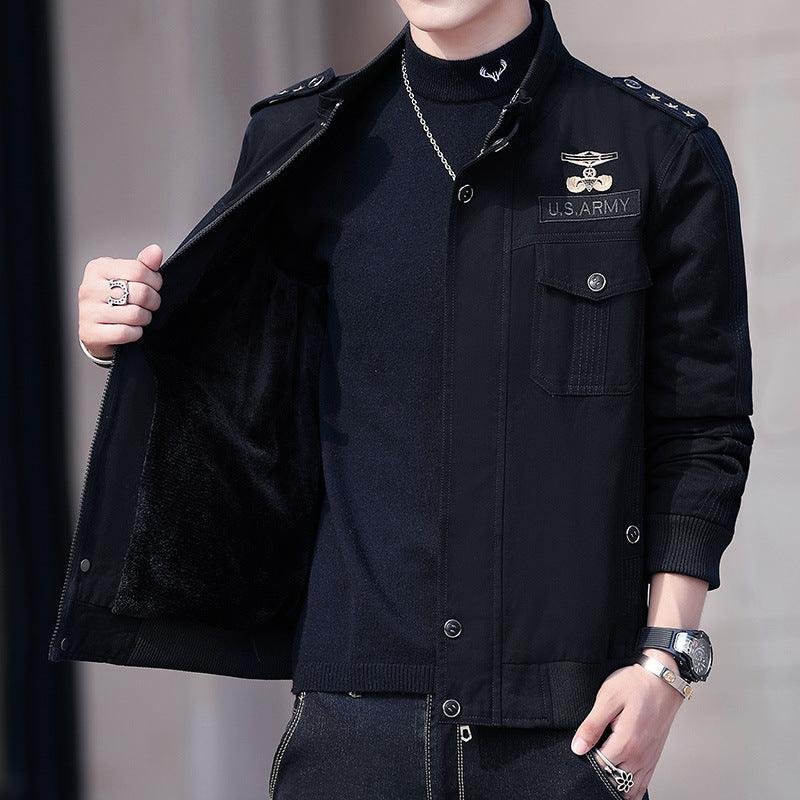 Men's padded velvet jacket, black with U.S. ARMY chest patch, zip front, sherpa lining