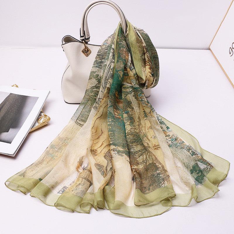Green and cream tulle scarf with nature scene print