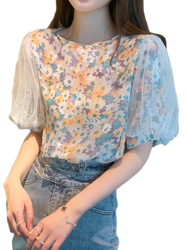 Beaded Mesh Loose Puff Sleeve Chiffon Top - WOMONA.COM