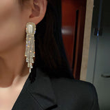 Pearl Full Diamond Long Tassel Earrings - WOMONA.COM