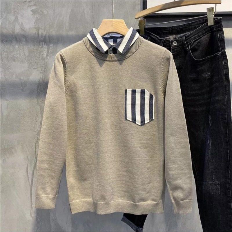 Khaki crewneck sweater with striped chest pocket and contrast collared underlayer