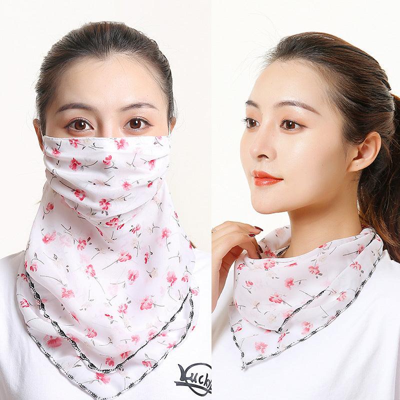 White floral bib scarf with red rose print and matching face covering