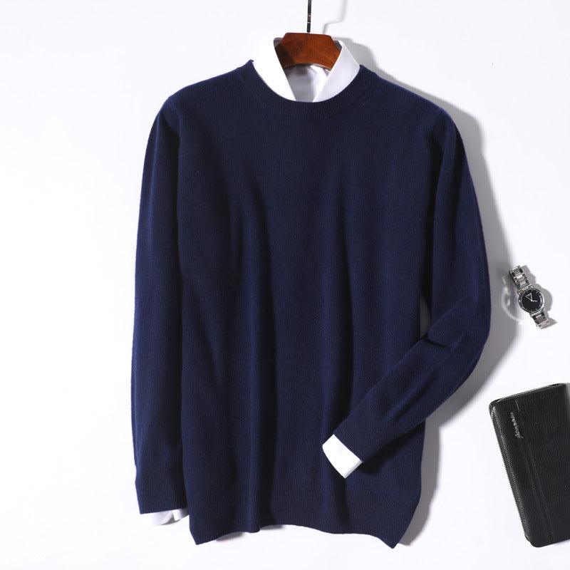 Navy crew-neck sweater top with long sleeves and ribbed cuffs and hem