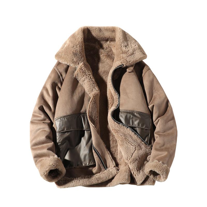 Fur-lined men's jacket, tan outer with plush shearling trim and zip front