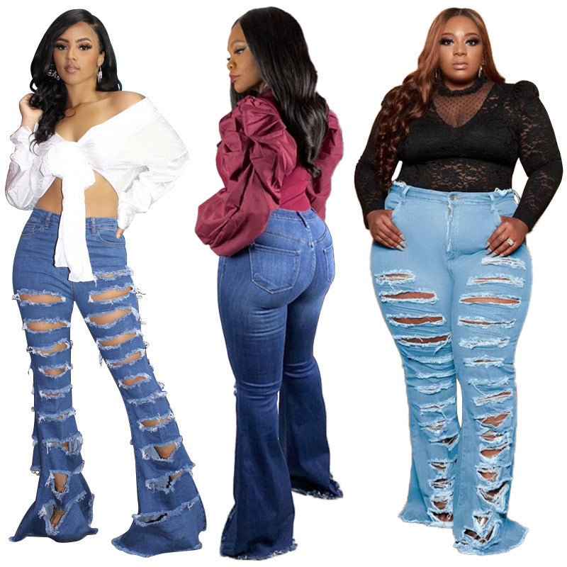 New Washing Trend Large Size Women's Torn Jeans - WOMONA.COM