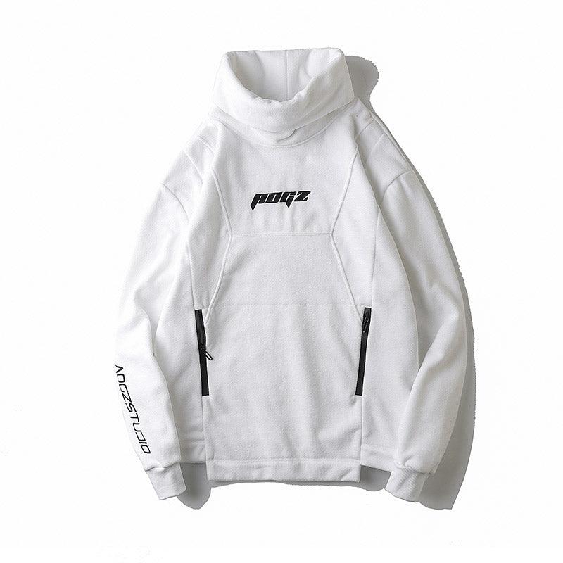 Men's white polar fleece turtleneck pullover with PODZ chest logo and kangaroo pocket