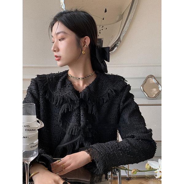 Frayed Ruffle Collar Short Tweed Coat - WOMONA.COM