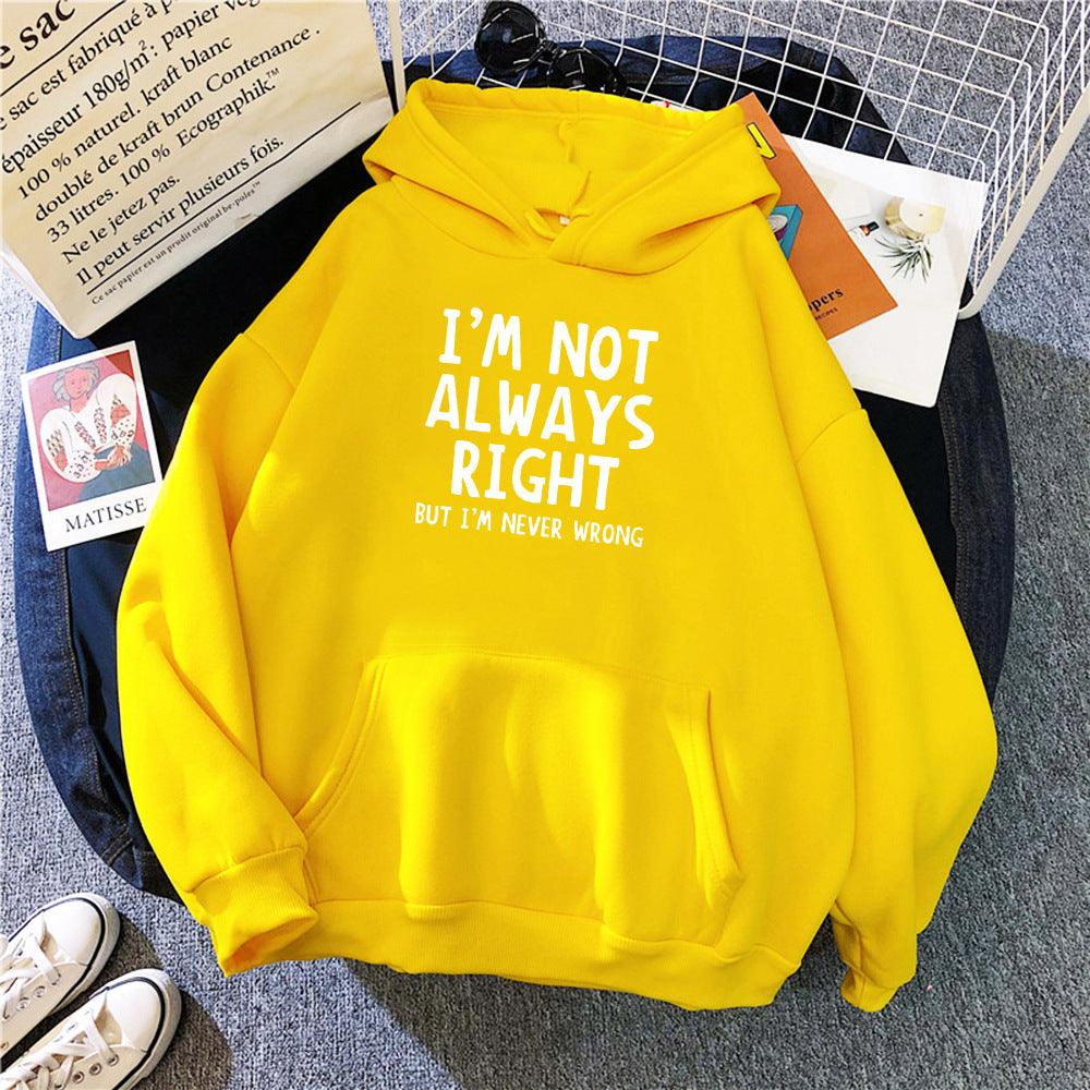 Yellow hooded pullover sweater with front graphic text and kangaroo pocket.