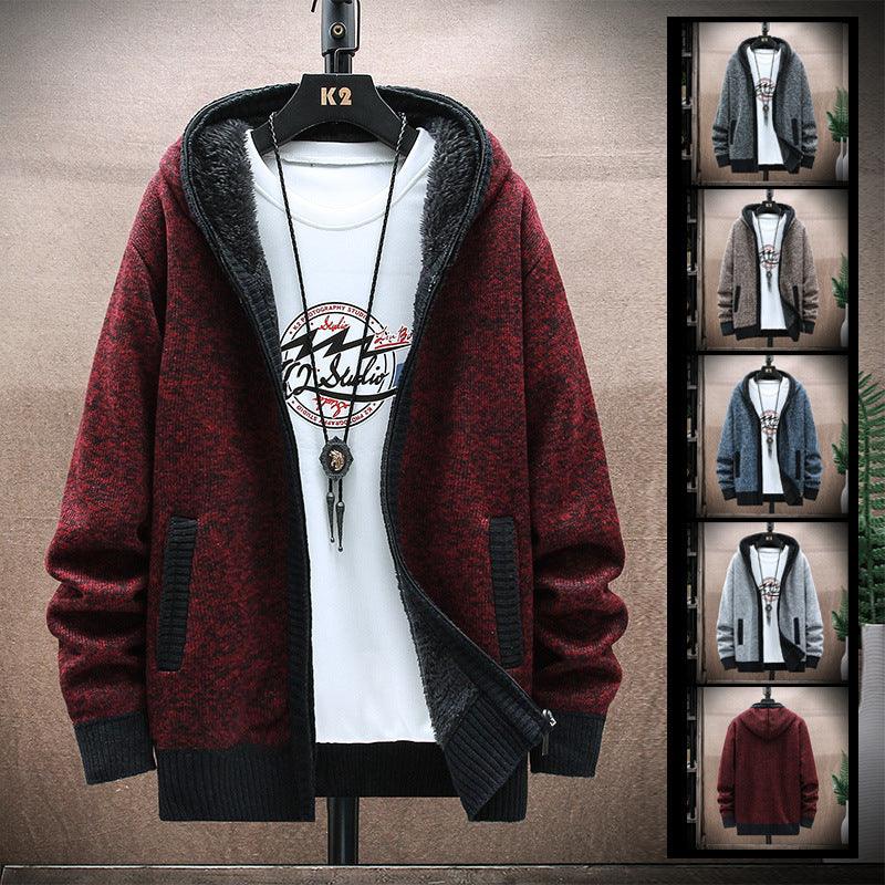 Men's hooded fleece zip-up sweater in heather wine red with black contrast trim and pockets