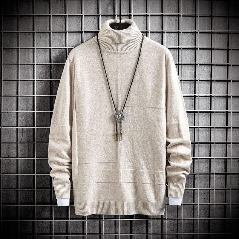 Beige high-neck knitted pullover sweater with ribbed collar and long sleeves.