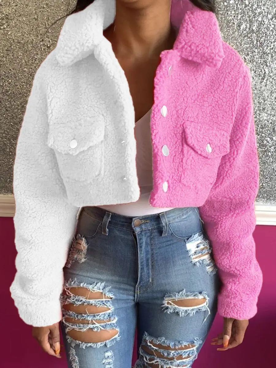 Two-tone women's slim-fit coat, white and pink, buttoned chest pockets