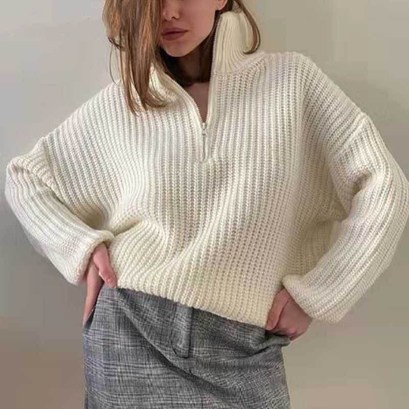 Zipper Knitted  Casual Pullover - WOMONA.COM