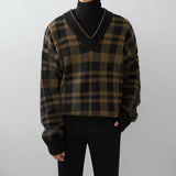 Men's V-neck Plaid Sweater - WOMONA.COM