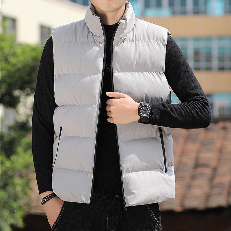 Grey padded sleeveless jacket vest with stand collar and front zipper, side pockets