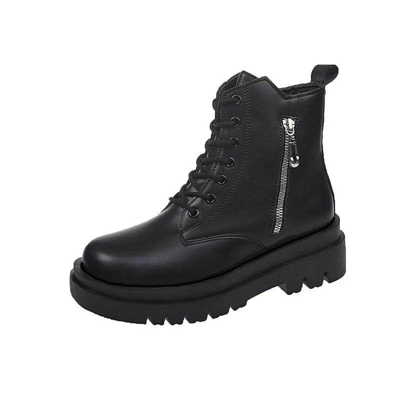 Black lace-up ankle boots with side zipper and chunky lug sole.