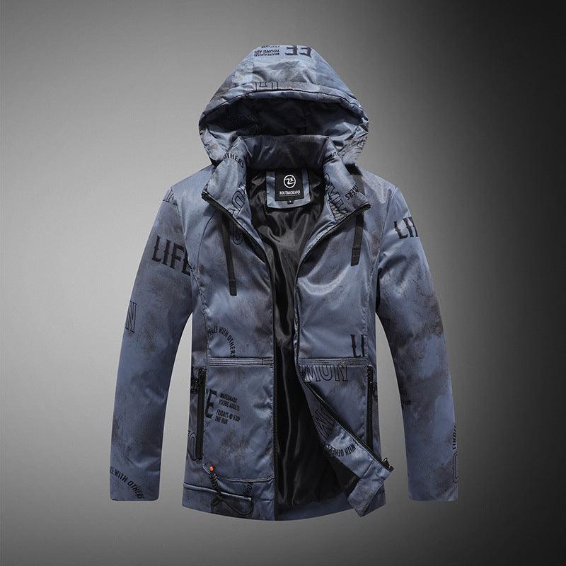 Men's hooded winter jacket in muted blue-gray with printed text pattern and front zipper