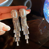 Pearl Full Diamond Long Tassel Earrings - WOMONA.COM