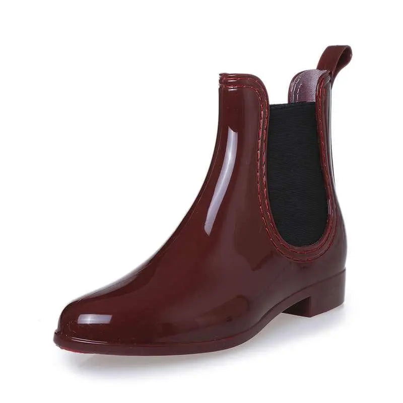 Wine red waterproof non-slip ankle overshoe boot with elastic side gore and low block heel