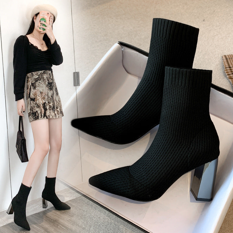 Chunky High Heels Socks Boots - WOMONA.COM