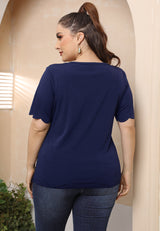 Ladies Plus Size Burnt Floral Hollow V T-Shirt - WOMONA.COM