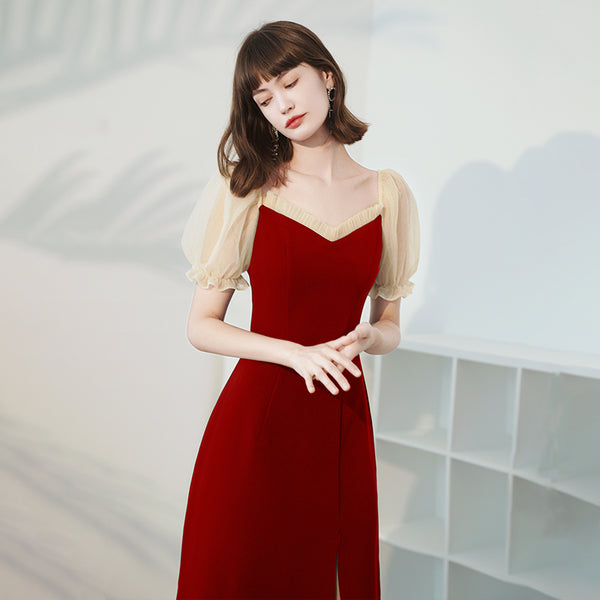 Burgundy Medium Length Dress For Women - WOMONA.COM