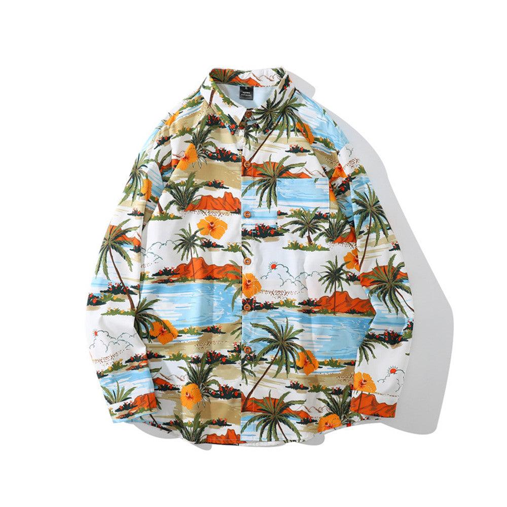 Men's white tropical floral button-up shirt with long sleeves and front buttons