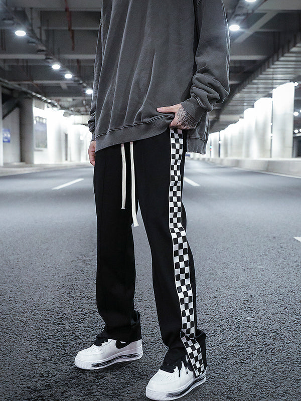 Checkerboard Side Split Straight Leg Sweatpants Hip-hop Drop Feeling Stacked Drawstring Casual Pants Men - WOMONA.COM