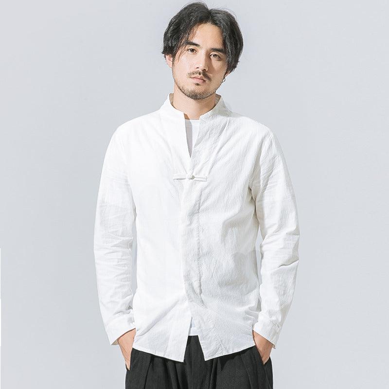 White long-sleeve button-up shirt with stand collar and two-button front placket.