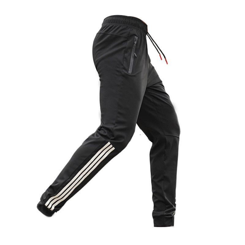 Men's black jogger pants, elastic waist with drawstring and white side stripes