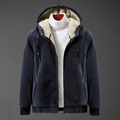 Dark blue hooded full-zip sweater with sherpa lining, drawstring hem, zip pockets