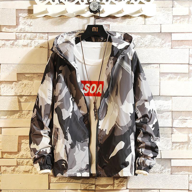 Men's camouflage hooded jacket with full zipper, grey and white tones